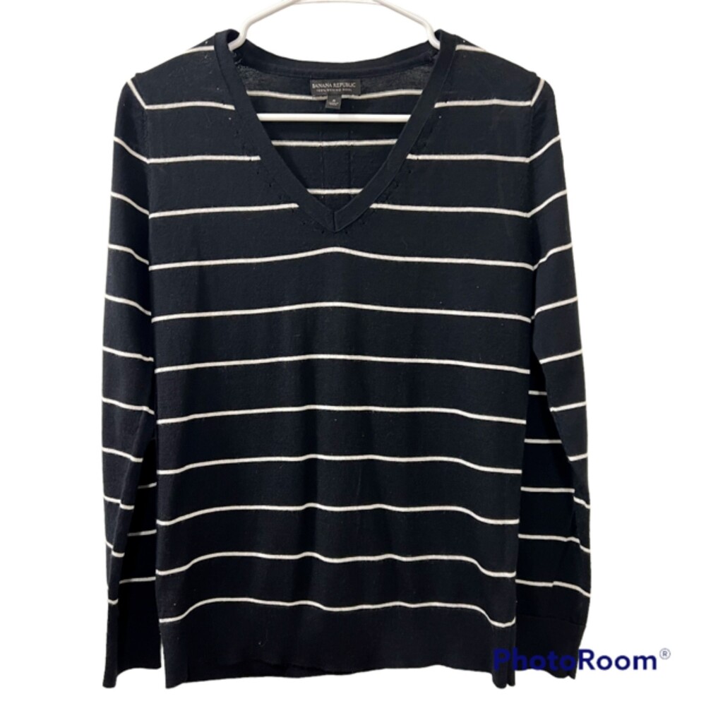 Banana Republic Womens Navy Striped 100% Merino Wool V Neck Sweater S